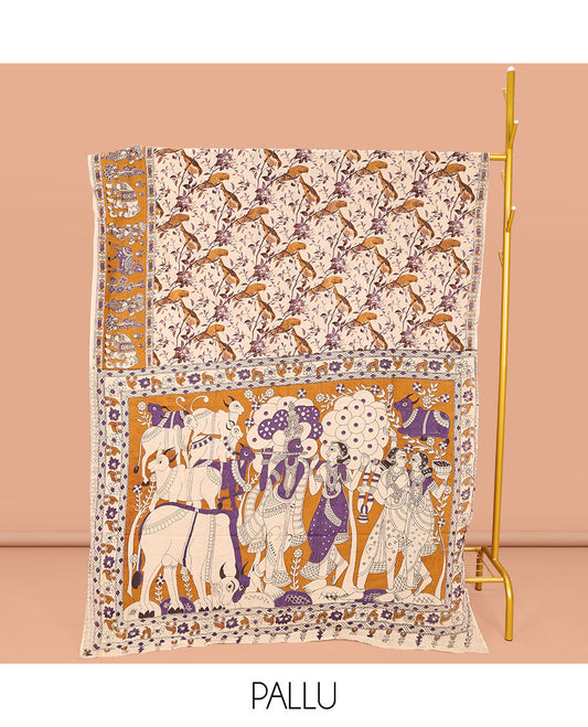 Light-Sandal Machine-Printed Kalamkari Cotton Saree, Elevated with Floral and Bird Motifs on Its Body, Complemented by a Contrast Border, Pallu of Radha Krishnan Motifs Print, and Paired with a Printed Blouse