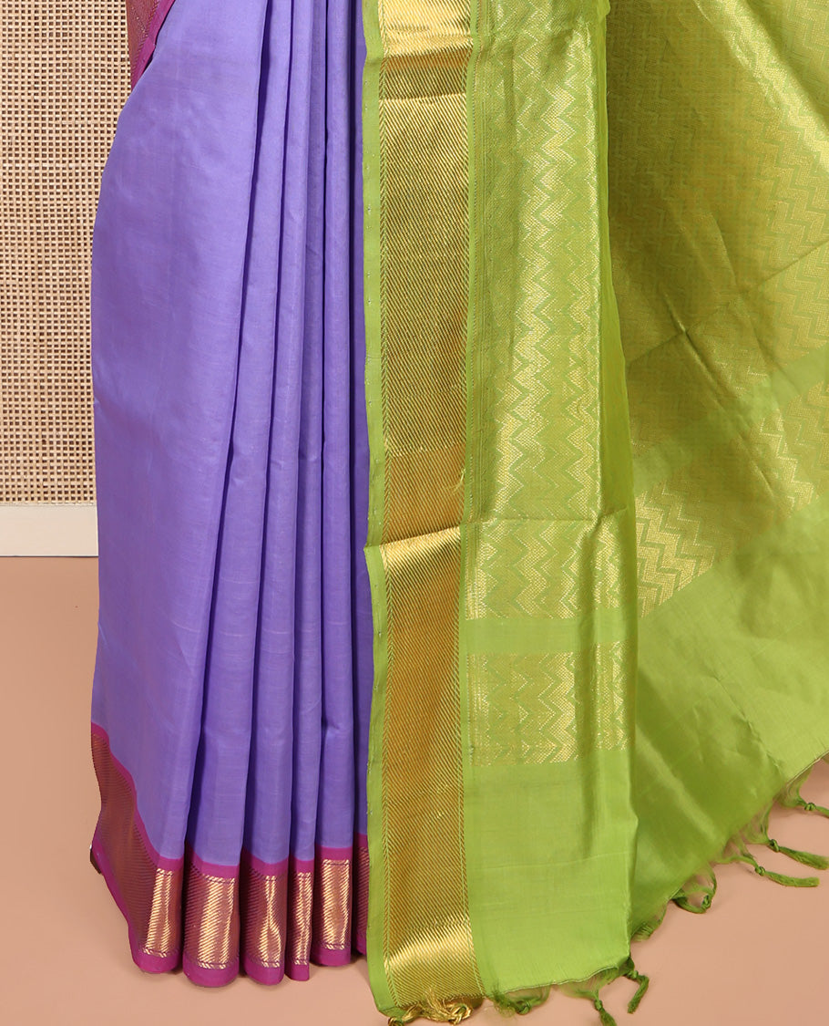 Lavender Poly Cotton Saree, Enthralled with Zari Buttas on Its Body, Complemented by Contrast Ganga-Jamuna Border, Chevron Striped Pallu, and Paired with a Contrast Blouse