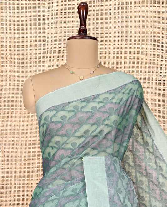 Grey Coimbatore Cotton Saree, Adorned with Scallop Design on Its Body, a Contrast Plain Border, Pallu of Floral Creeper, and Stripes, and Paired with Contrast Blouse