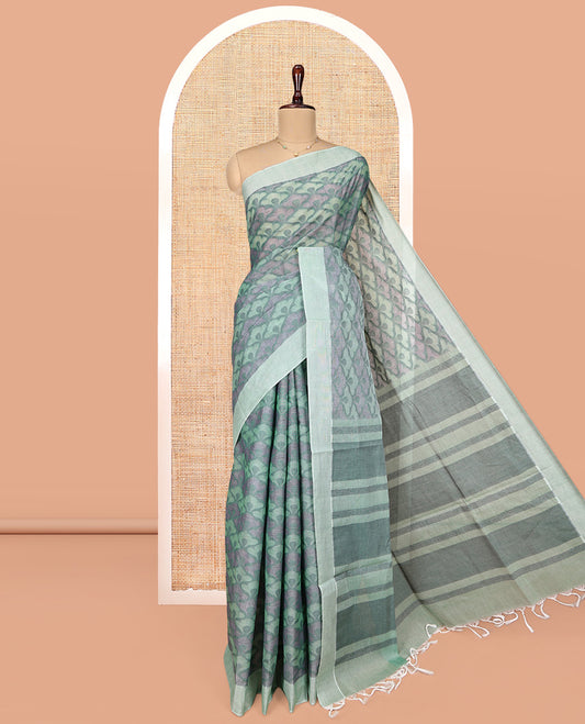 Grey Coimbatore Cotton Saree, Adorned with Scallop Design on Its Body, a Contrast Plain Border, Pallu of Floral Creeper, and Stripes, and Paired with Contrast Blouse