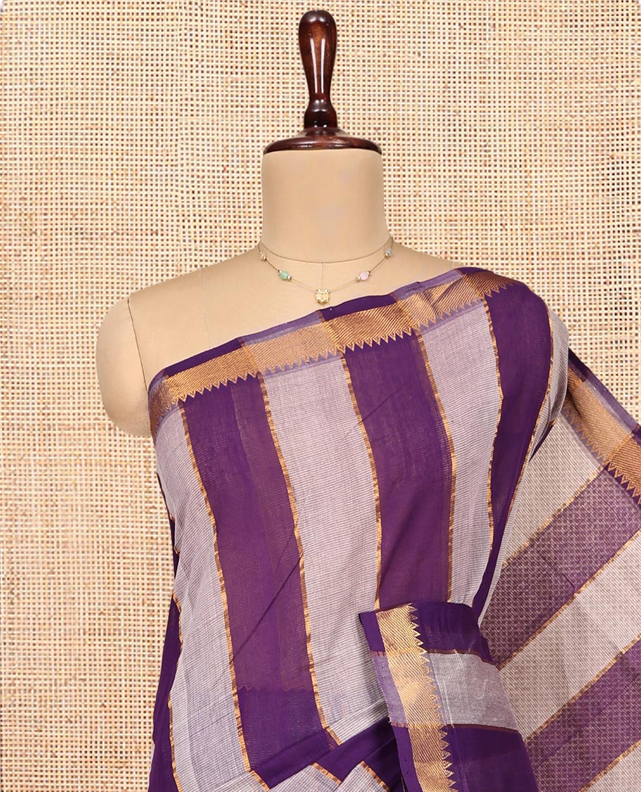 Violet-Grey Mangalgiri Cotton Saree, Gleamed Up with Stripes on Its Body, Complemented by Contrast Zari Temple Border, Zari-Striped Pallu, and Paired with a Matching Blouse