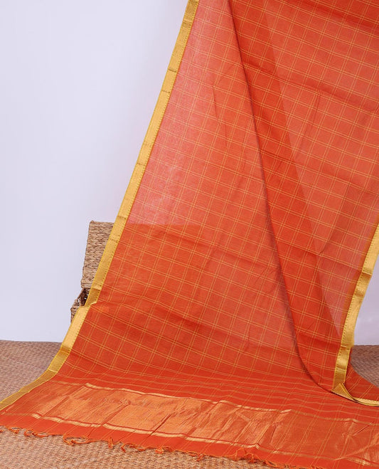 Orange checked design khadi cotton saree, contrast zari border & traditional zari design pallu
