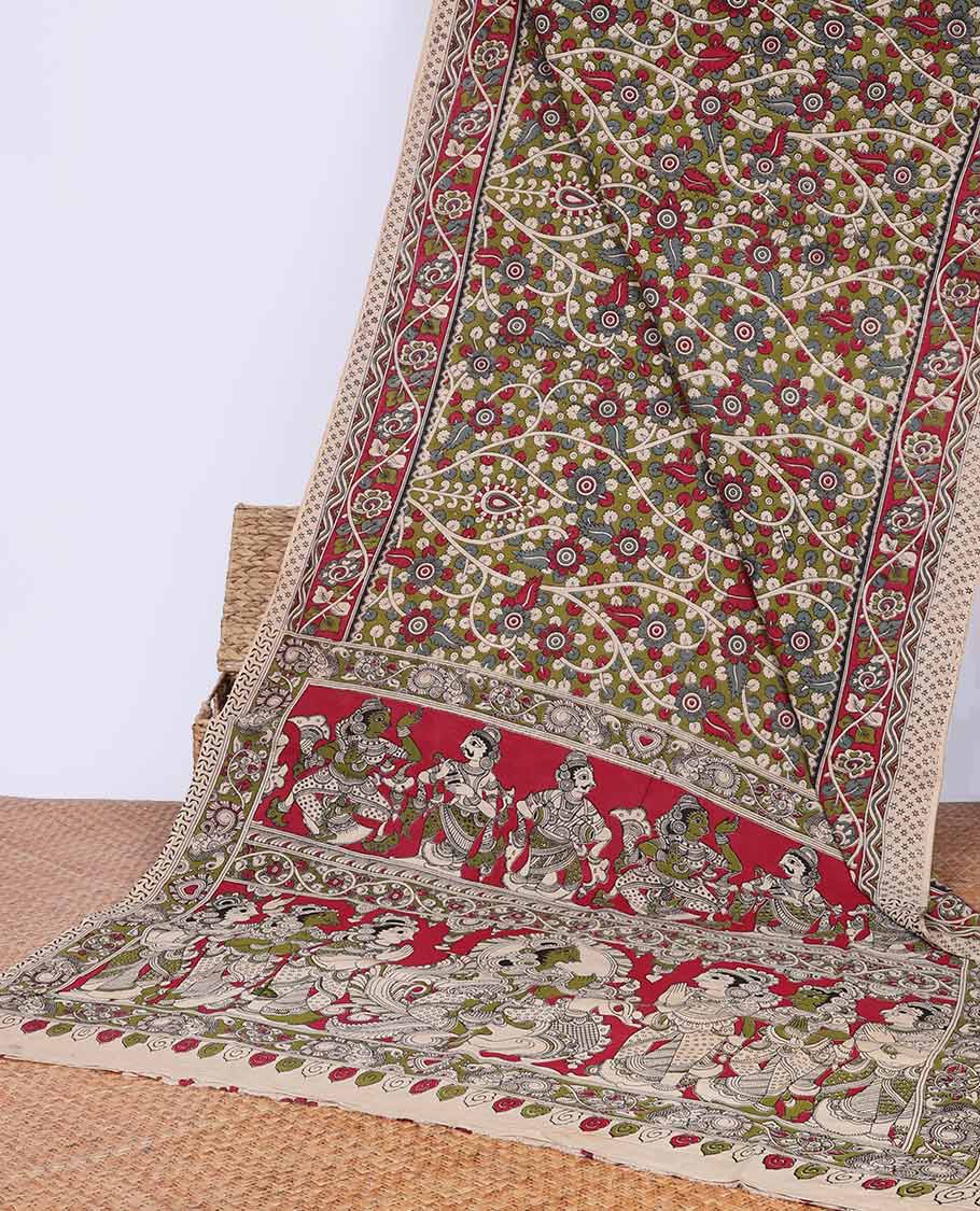 Green intricate design machine printed kalamkari cotton saree with contrast border&human inspried design pallu