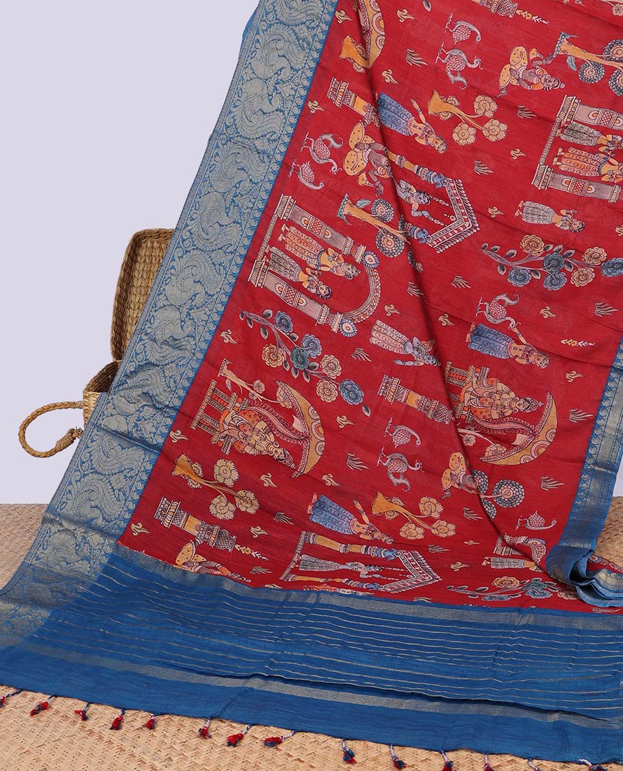 Red madhubani style human, floral motifs chirala cotton saree contrast peacock border & striped pallu