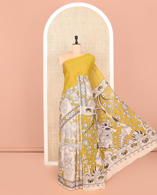 Borderless Yellow Kalamkari Cotton Saree Features Ancient Human Motifs Print, Self-Pallu of Human Motifs, and a Contrast Blouse