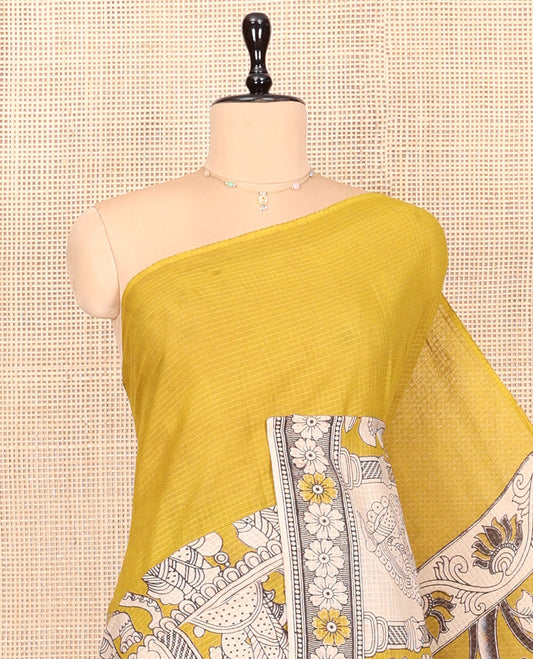 Borderless Yellow Kalamkari Cotton Saree Features Ancient Human Motifs Print, Self-Pallu of Human Motifs, and a Contrast Blouse