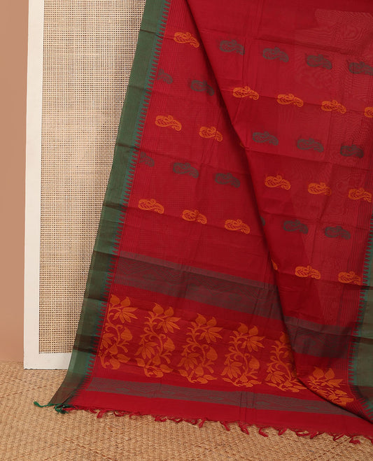 Red paisley motifs kanchi cotton saree, contrast temple border & pallu of floral designs
