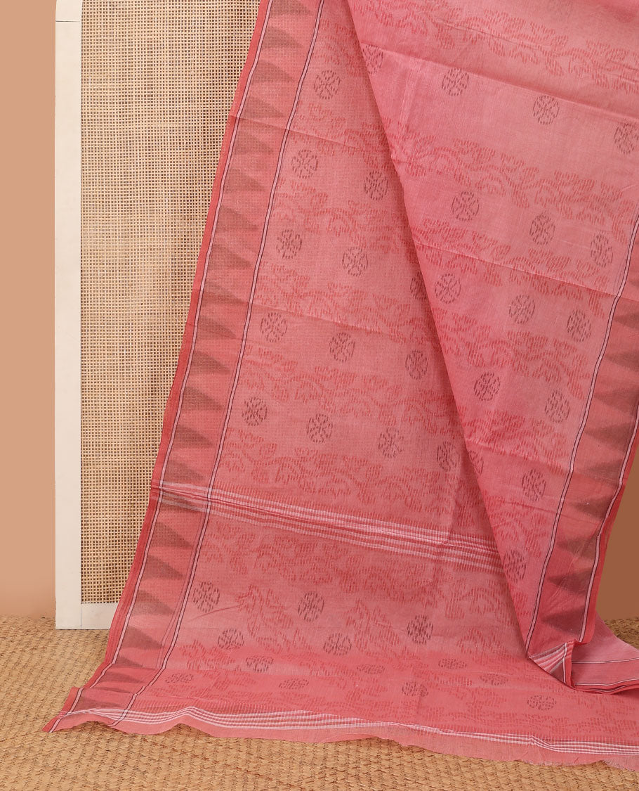 Pink striped & floral motifs printed Bengal cotton saree, temple border & printed pallu
