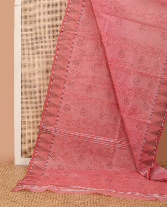 Rani pink buttas Bengal cotton saree, contrast paisley creeper zari border & pallu of buttas & stripes