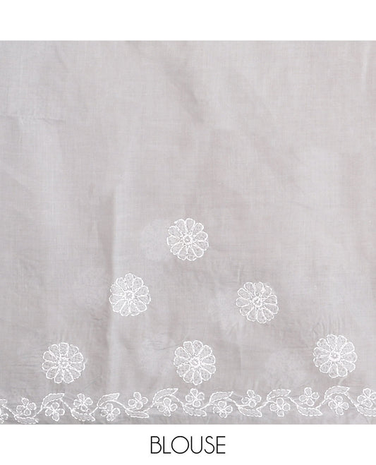 Grey floral thread embroidered buttas Lucknowi chikankari saree, floral creeper thread embroidered border, and floral embroidered pallu