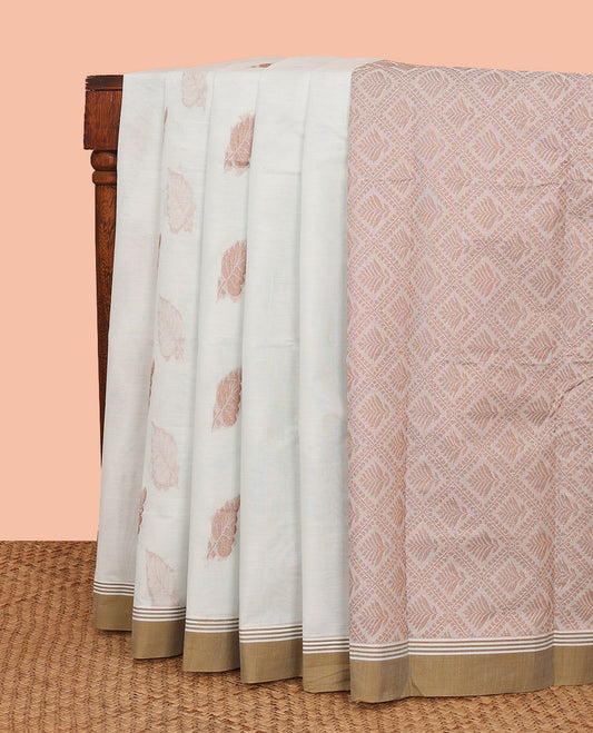 Off-White Kanchi Cotton Saree, Prettified with Peacock Buttas All Over Its Body, Complemented by Contrast Border, Pallu of Jaal Designs, and Paired with a Matching Blouse