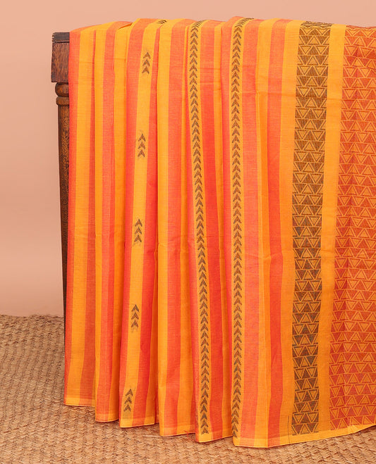 Borderless Orange and Red Kanchi Cotton Saree, Woven with Stripes and Buttas All Over Its Body, Intricately Designed Pallu of Geometric Designs, and Paired with a Matching Blouse