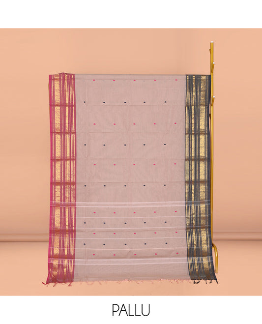 Grey Chettinad Cotton Saree, Accentuated with Thread Buttas All Over Its Body, Complemented by a Contrast Traditional Zari Design Woven Ganga-Jamuna Border, Pallu of Stripes, and Paired with a Matching Blouse