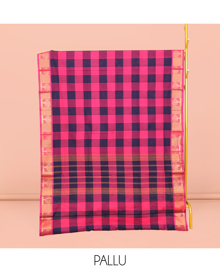 Blue-Pink Chettinad Cotton Saree, Woven with Checks, Highlighted by Tree Motifs Zari Border, Pallu of Stripes, and No Blouse