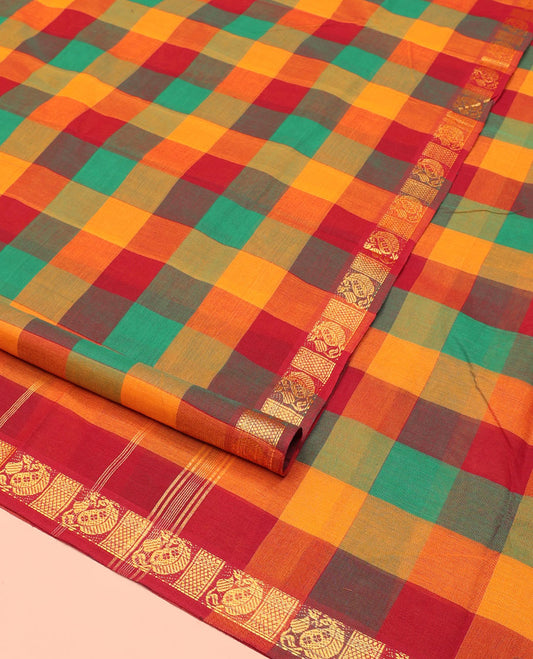 Multi-Color Palum Pazhamum Checked Nine-Yard Cotton Saree, Highlighted by a Zari Design Border, Subtly Striped Pallu, and Comes Without a Blouse
