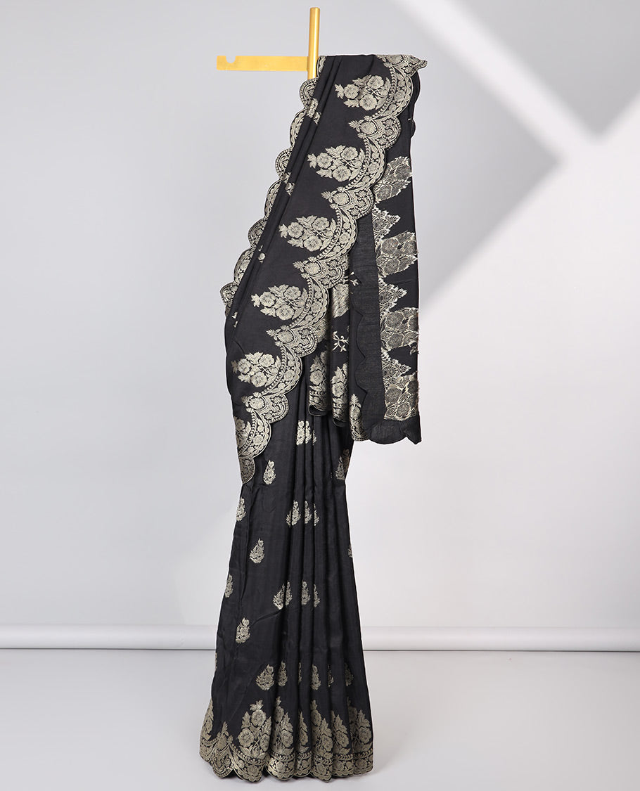 Black floral motifs semi-banaras dola silk saree with scallop border & peacock design pallu