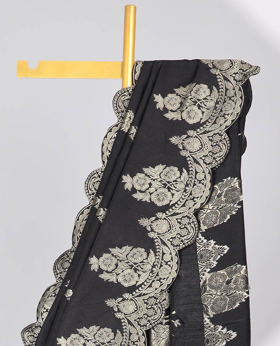 Black floral motifs semi-banaras dola silk saree with scallop border & peacock design pallu