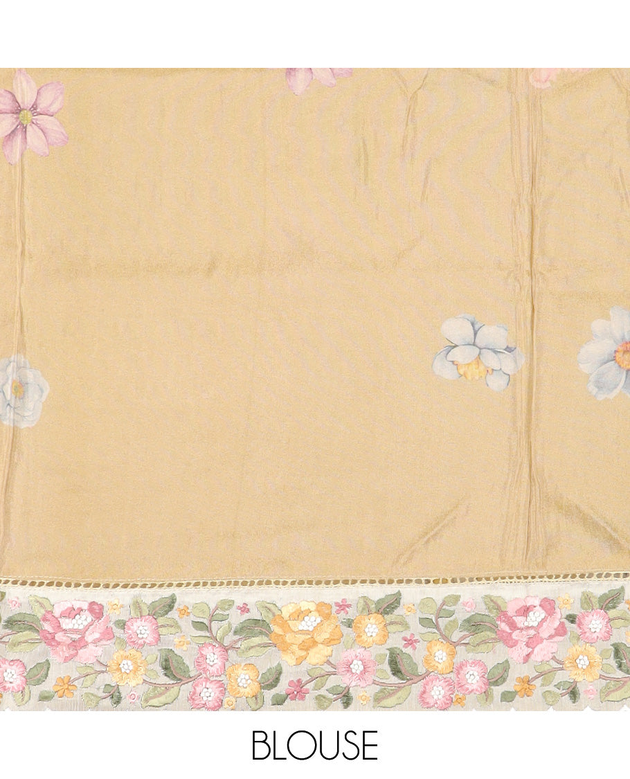 Mustard buttas with floral printed dola silk saree, contrast floral embroidered scallop border