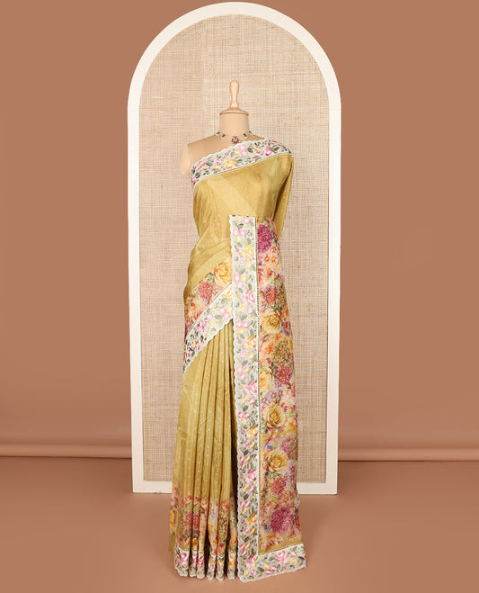 Mustard buttas with floral printed dola silk saree, contrast floral embroidered scallop border