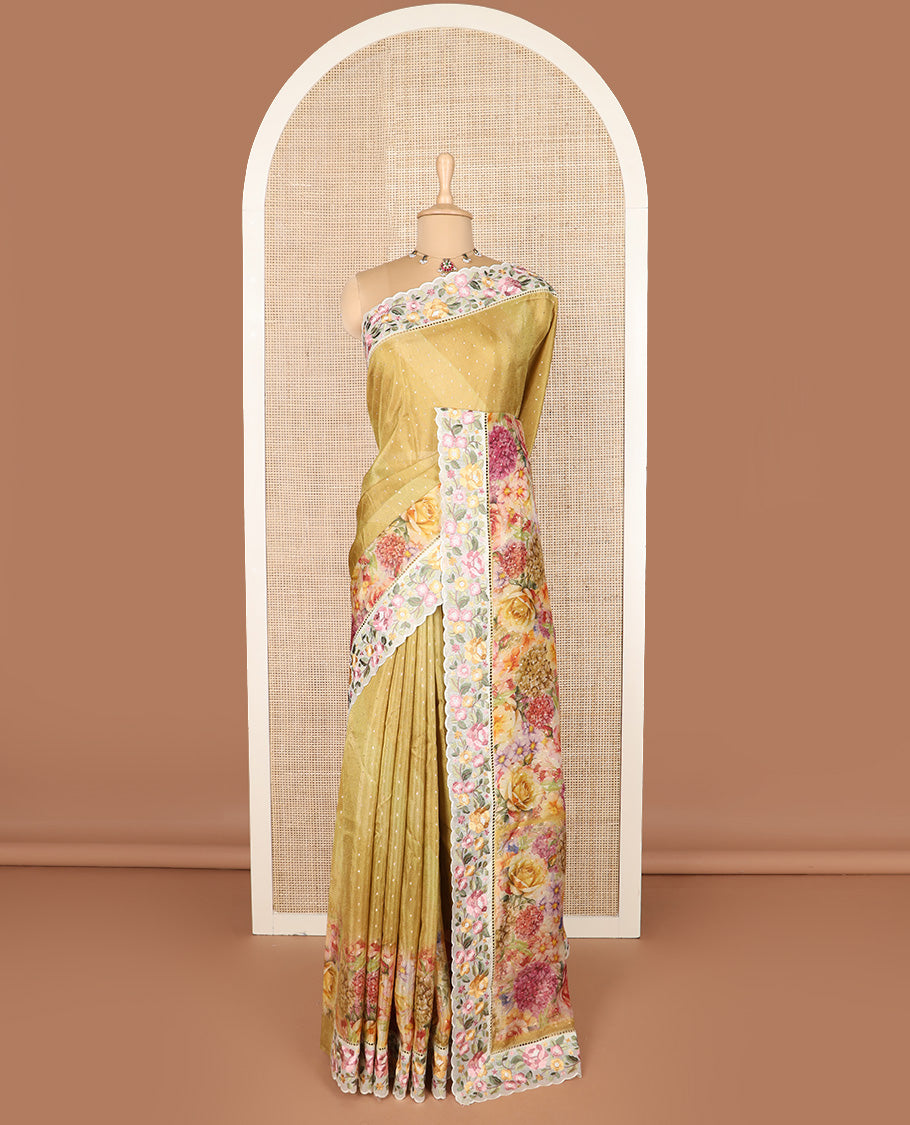 Mustard buttas with floral printed dola silk saree, contrast floral embroidered scallop border