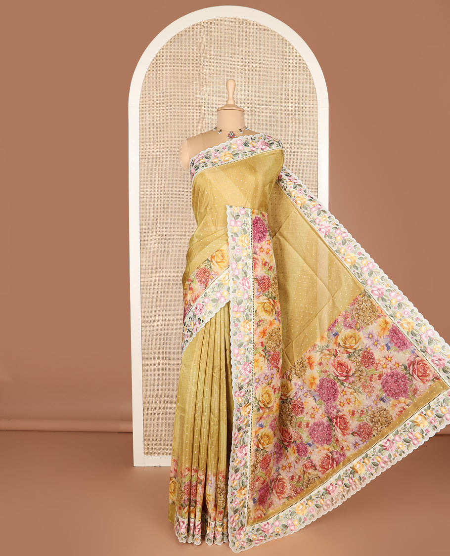 Mustard buttas with floral printed dola silk saree, contrast floral embroidered scallop border