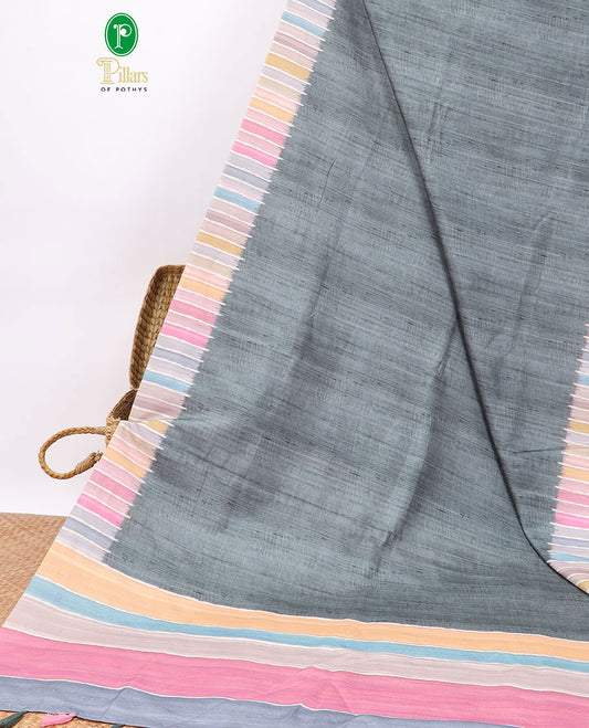 Green semi-banaras tussar saree with contrast striped border & multi-colored striped pallu