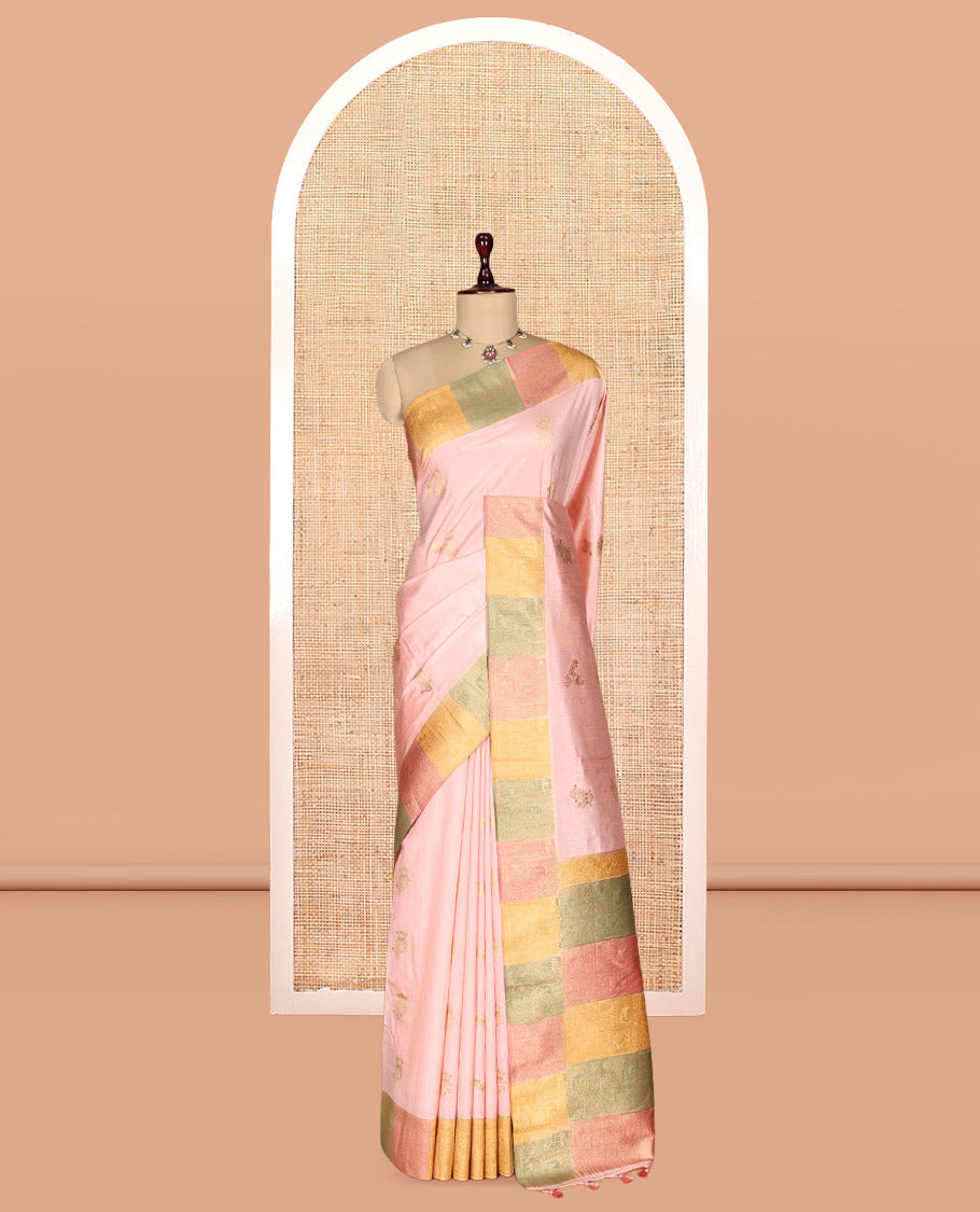 Peach Zari Motifs Fancy Raw Silksaree, Contrast Intricate Zari Border, Matching Blouse