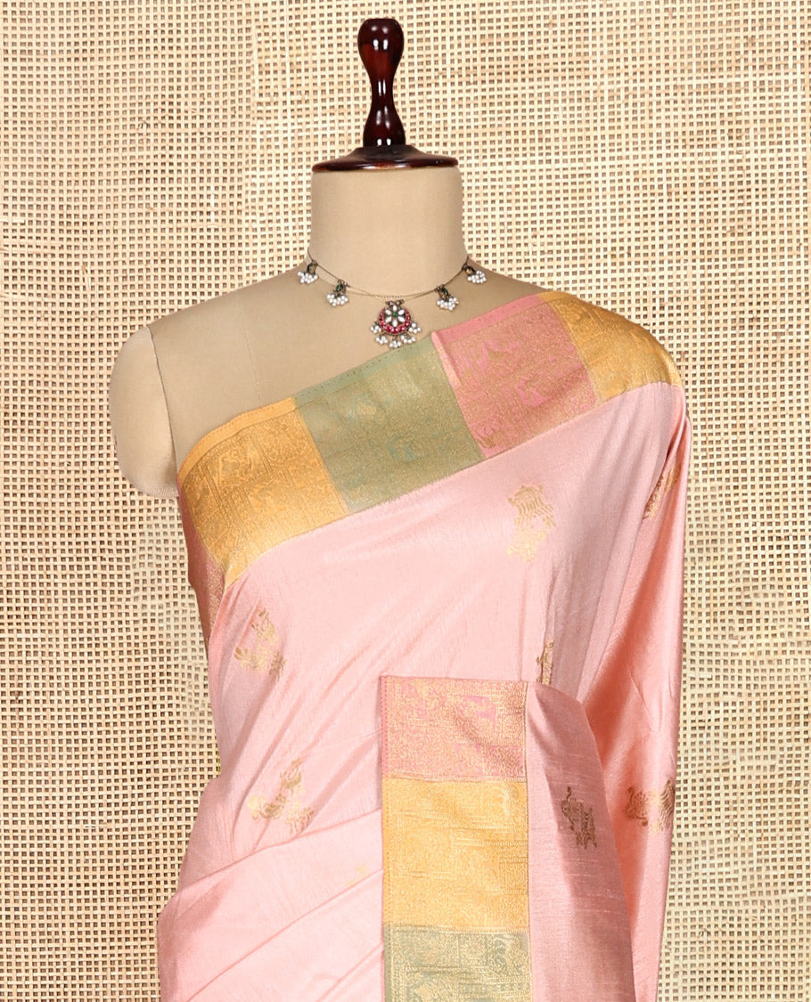 Peach Zari Motifs Fancy Raw Silksaree, Contrast Intricate Zari Border, Matching Blouse
