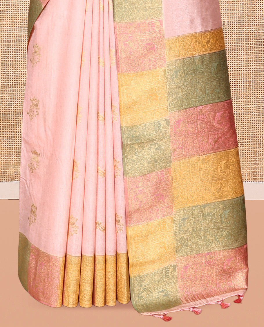 Peach Zari Motifs Fancy Raw Silksaree, Contrast Intricate Zari Border, Matching Blouse