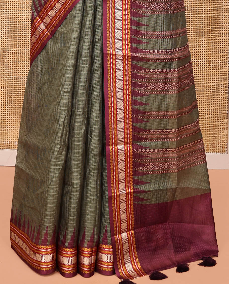 Olive Green Kota Saree,  a Contrast Temple Thread Traditional Border and Contrast Blouse