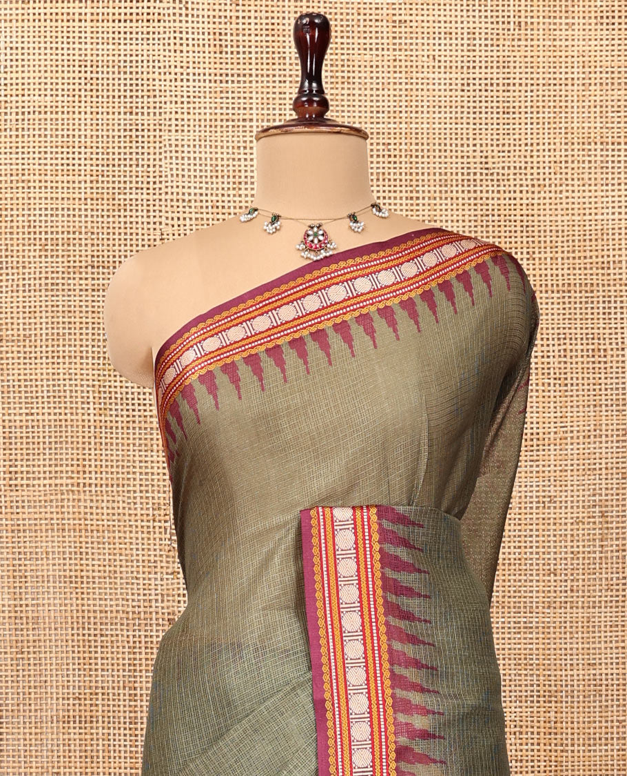 Olive Green Kota Saree,  a Contrast Temple Thread Traditional Border and Contrast Blouse