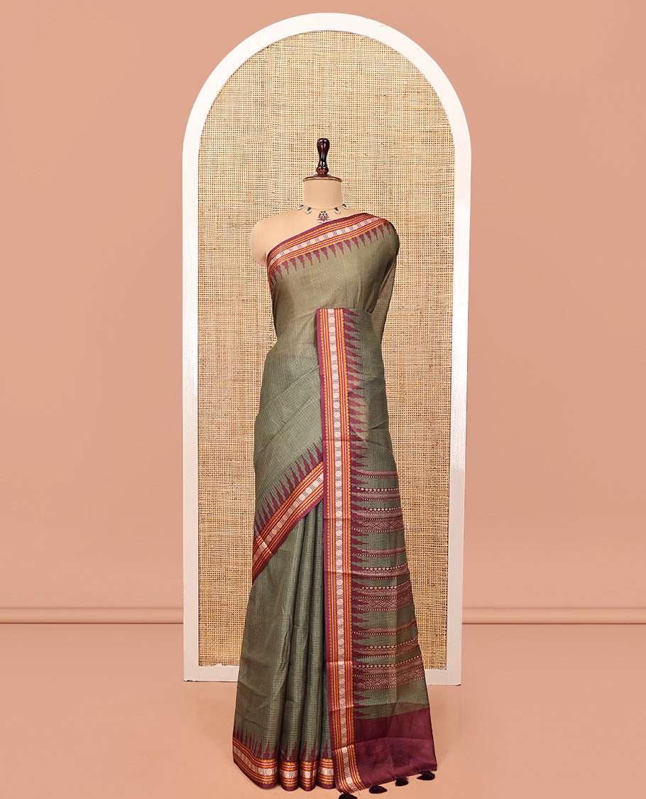 Olive Green Kota Saree,  a Contrast Temple Thread Traditional Border and Contrast Blouse