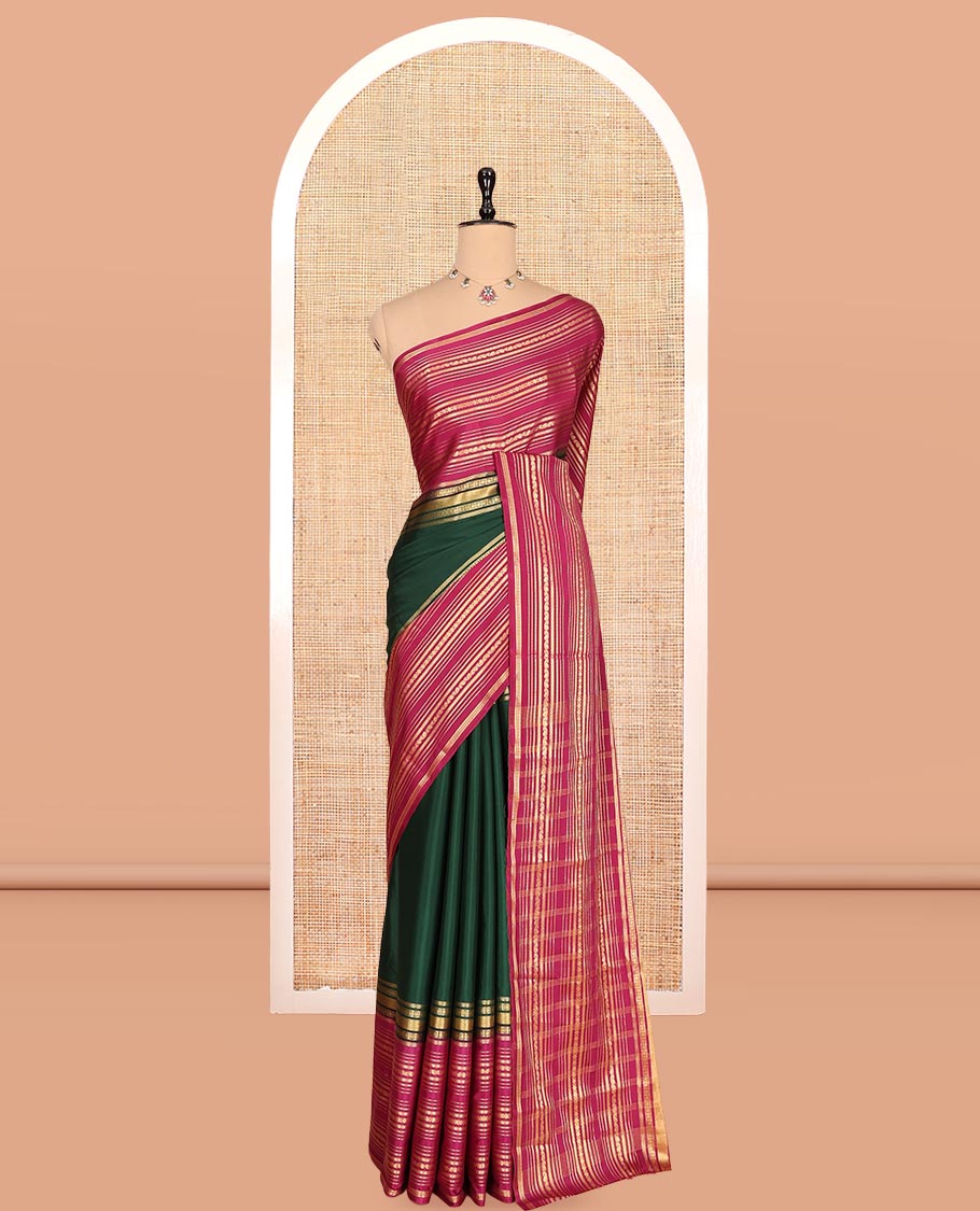 Bottle Green Semi-Mysore Silk Saree, a Contrast Big Traditional Zari Border, Striped Pallu, a Contrast Blouse