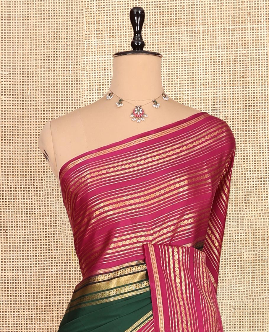 Bottle Green Semi-Mysore Silk Saree, a Contrast Big Traditional Zari Border, Striped Pallu, a Contrast Blouse