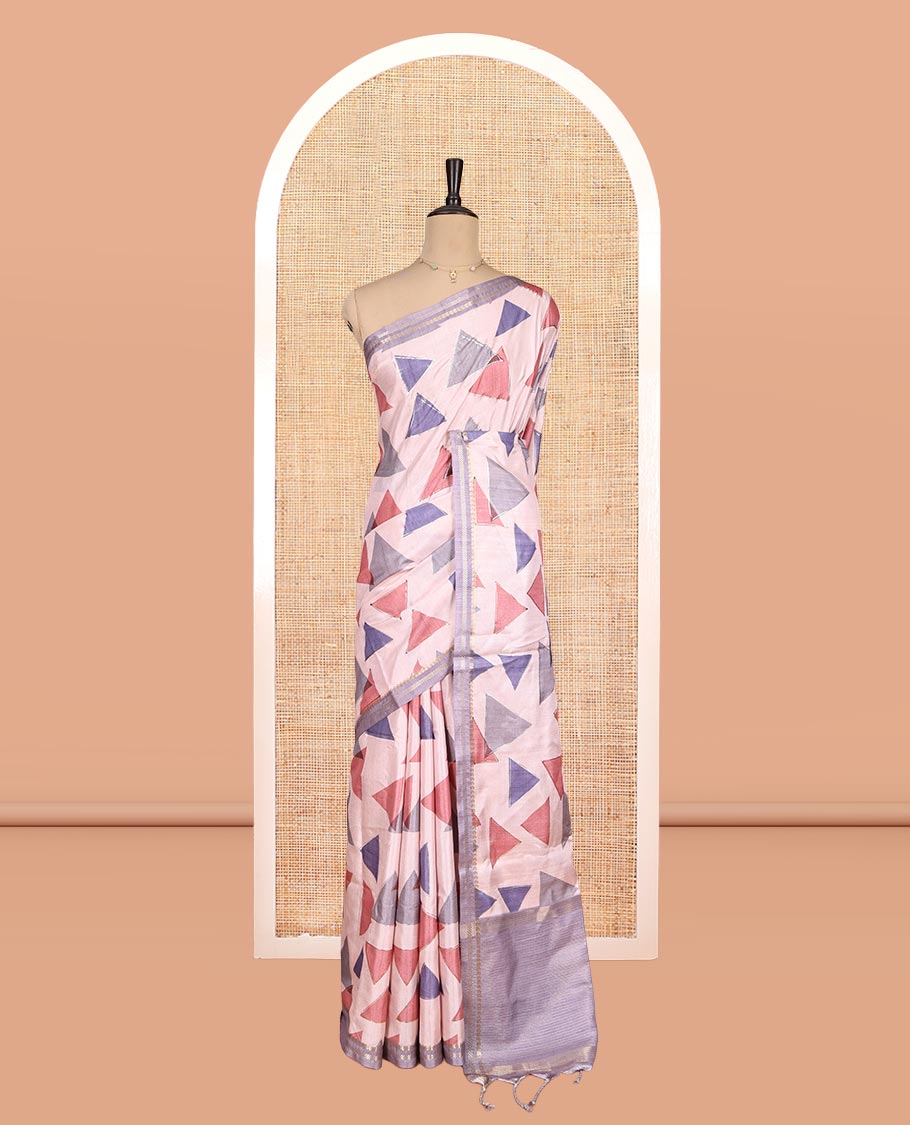 Pink Fancy Tussar Silk Saree Features Triangle Motifs, Zari Border, Striped Pallu, Matching Blouse