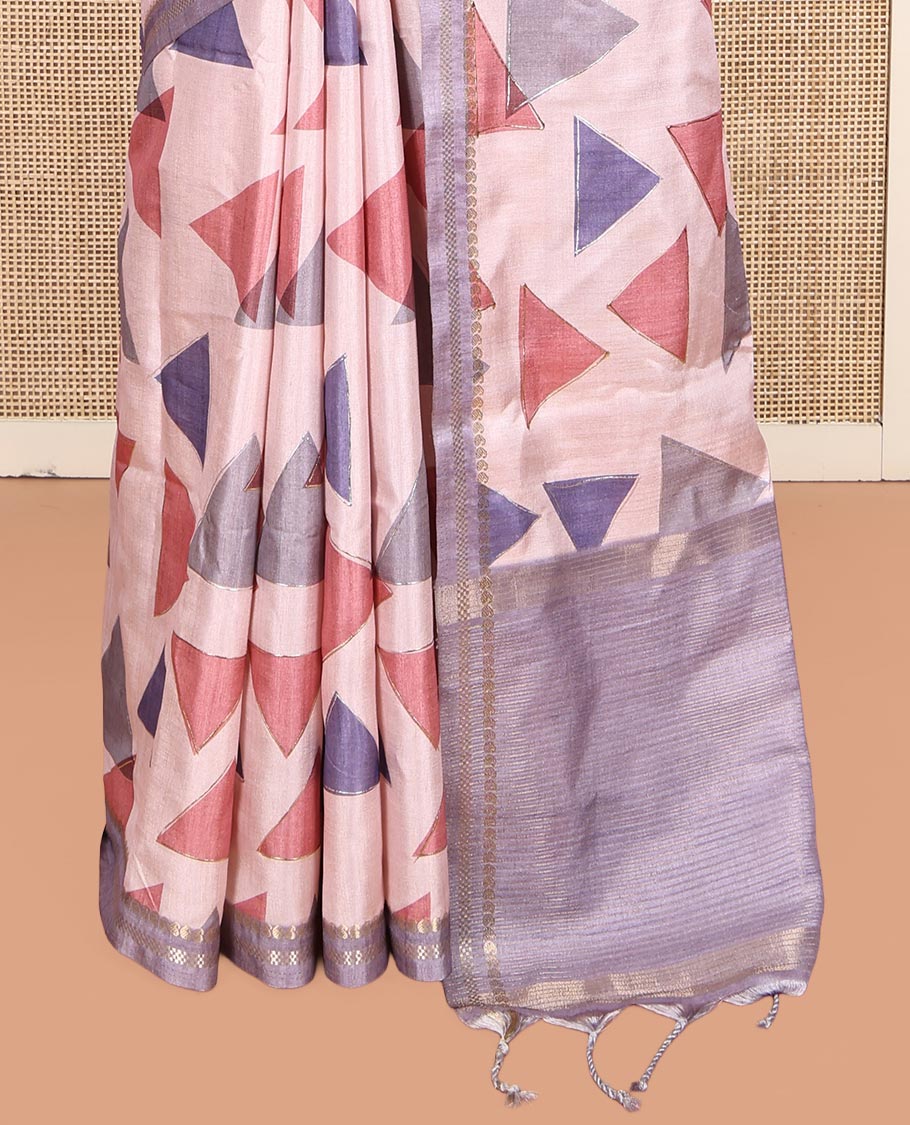 Pink Fancy Tussar Silk Saree Features Triangle Motifs, Zari Border, Striped Pallu, Matching Blouse