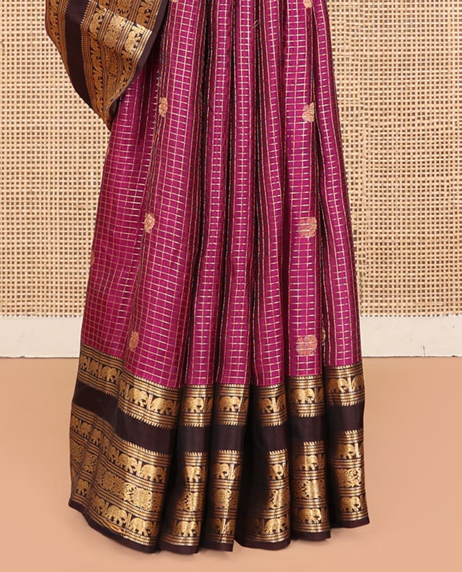 Magenta Checked Vasundhara Lite Silkmix Saree, Contrast Elephant Border, Jaal Pallu, and Contrast Blouse