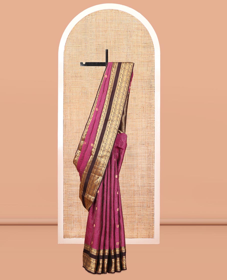 Magenta Checked Vasundhara Lite Silkmix Saree, Contrast Elephant Border, Jaal Pallu, and Contrast Blouse