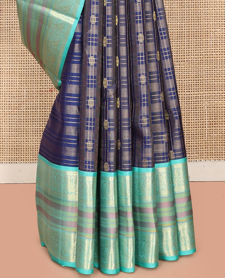 Blue Vasundhara Silk Saree, Adorned with Zari Buttas Enclosed Checks All Over Its Body, Complemented by a Contrast Border of Kathir, Muthu, and Rudraksham Designs, Grand Intricate Pallu, and Paired with a Contrast Blouse