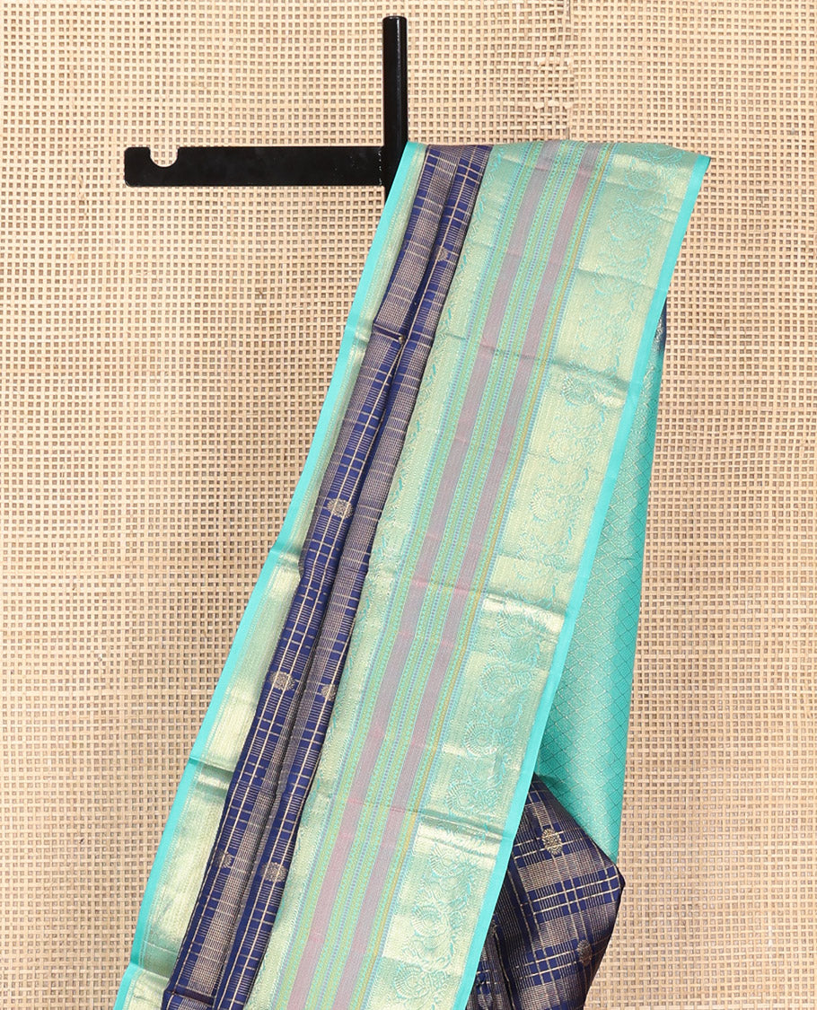 Blue Vasundhara Silk Saree, Adorned with Zari Buttas Enclosed Checks All Over Its Body, Complemented by a Contrast Border of Kathir, Muthu, and Rudraksham Designs, Grand Intricate Pallu, and Paired with a Contrast Blouse