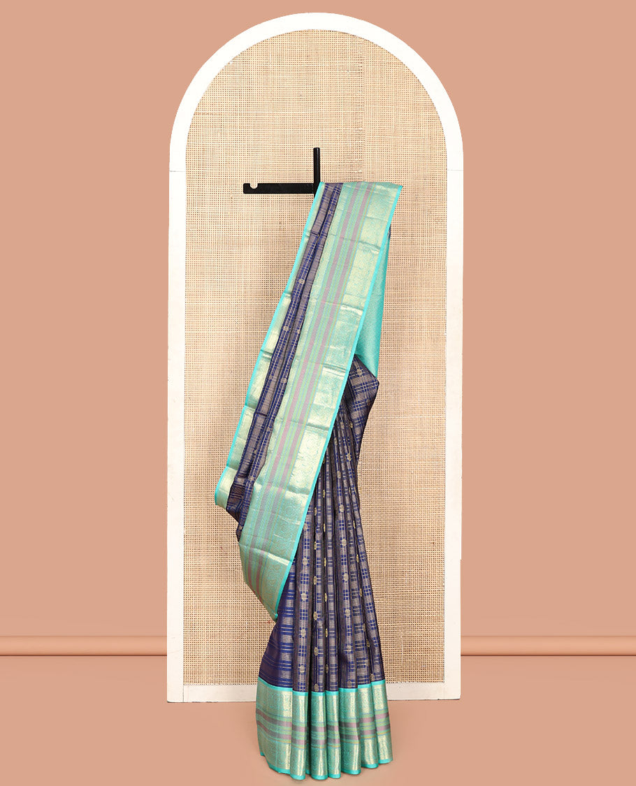 Blue Vasundhara Silk Saree, Adorned with Zari Buttas Enclosed Checks All Over Its Body, Complemented by a Contrast Border of Kathir, Muthu, and Rudraksham Designs, Grand Intricate Pallu, and Paired with a Contrast Blouse