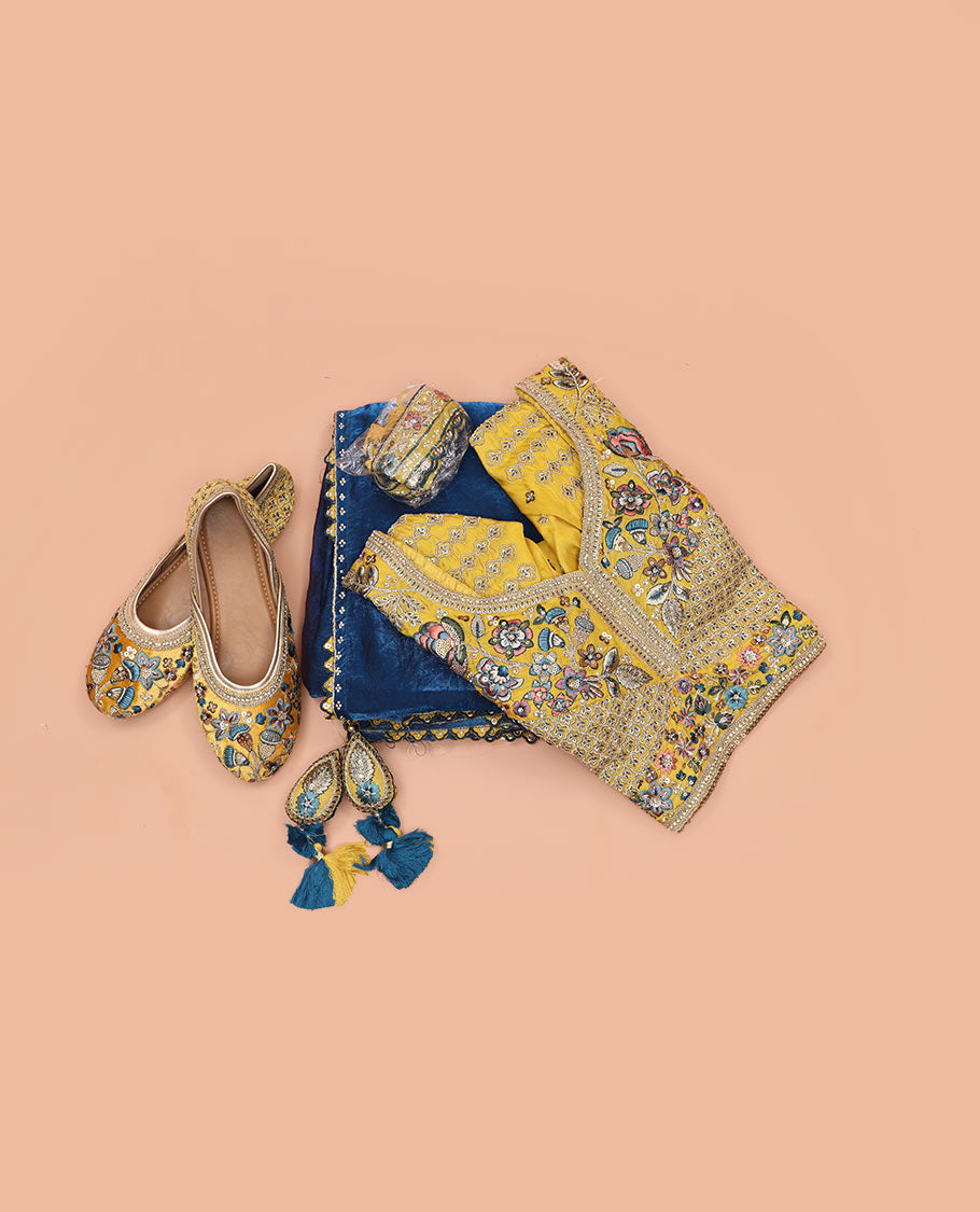 Blue Plain Designer Saree with Temple Lace Border, a Readymade Blouse, a Contrast Embroidered Belt, and a Pair of Free Embroidered Punjabi Shoes