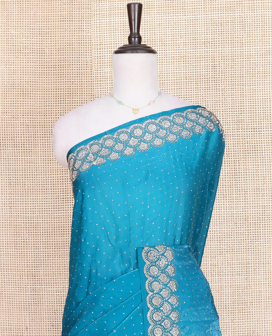 Blue Designer Saree, Prettified with Stone Work Across Its Body, Highlighted by a Stone Embroidered Border, a Self Pallu, and Paired with a Matching Stone Work Blouse