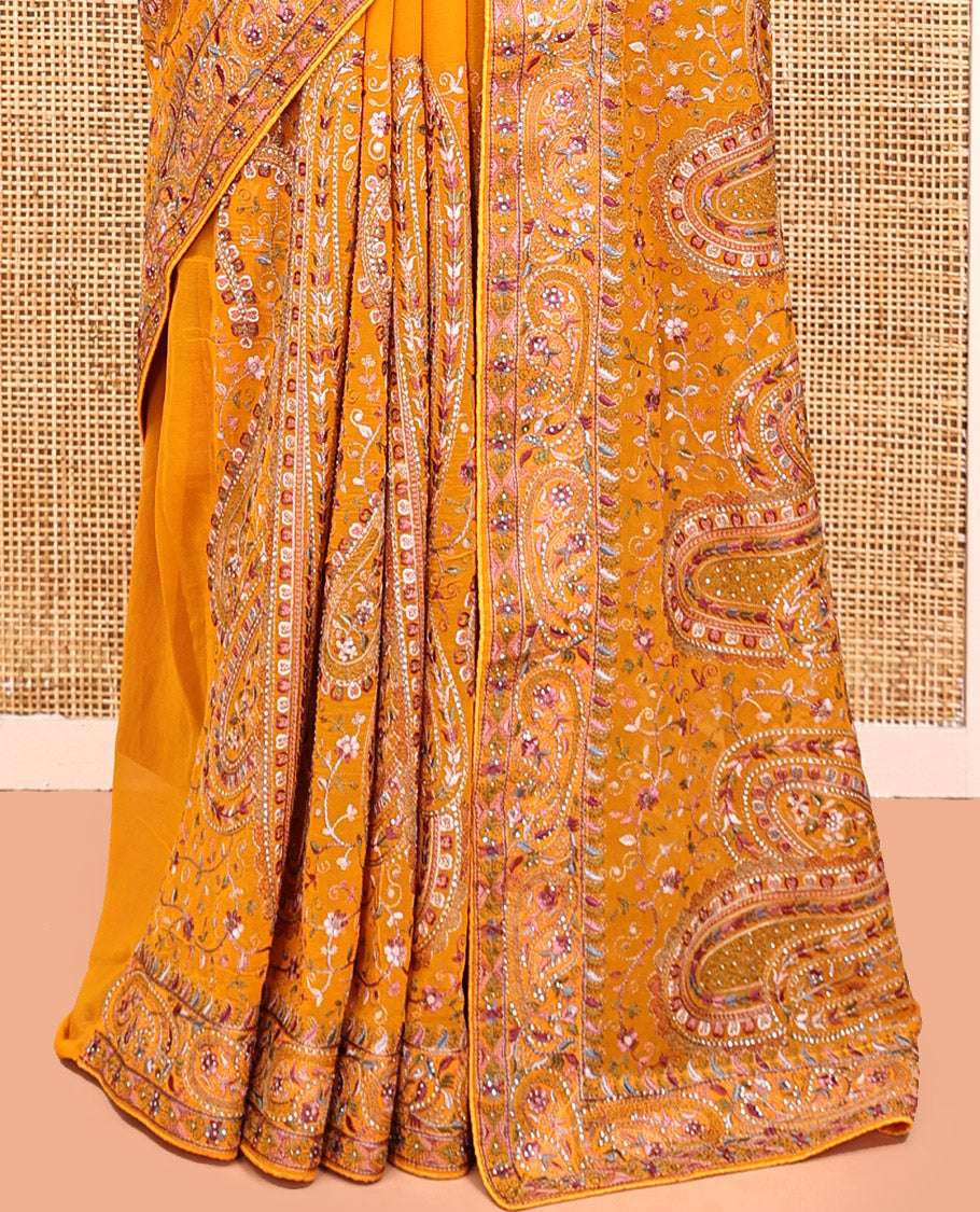 Yellow Designer Saree, Detailed with Floral-Paisley Embroidery, a Embroidered Border, and a Matching Blouse