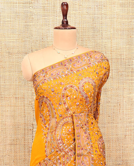 Yellow Designer Saree, Detailed with Floral-Paisley Embroidery, a Embroidered Border, and a Matching Blouse