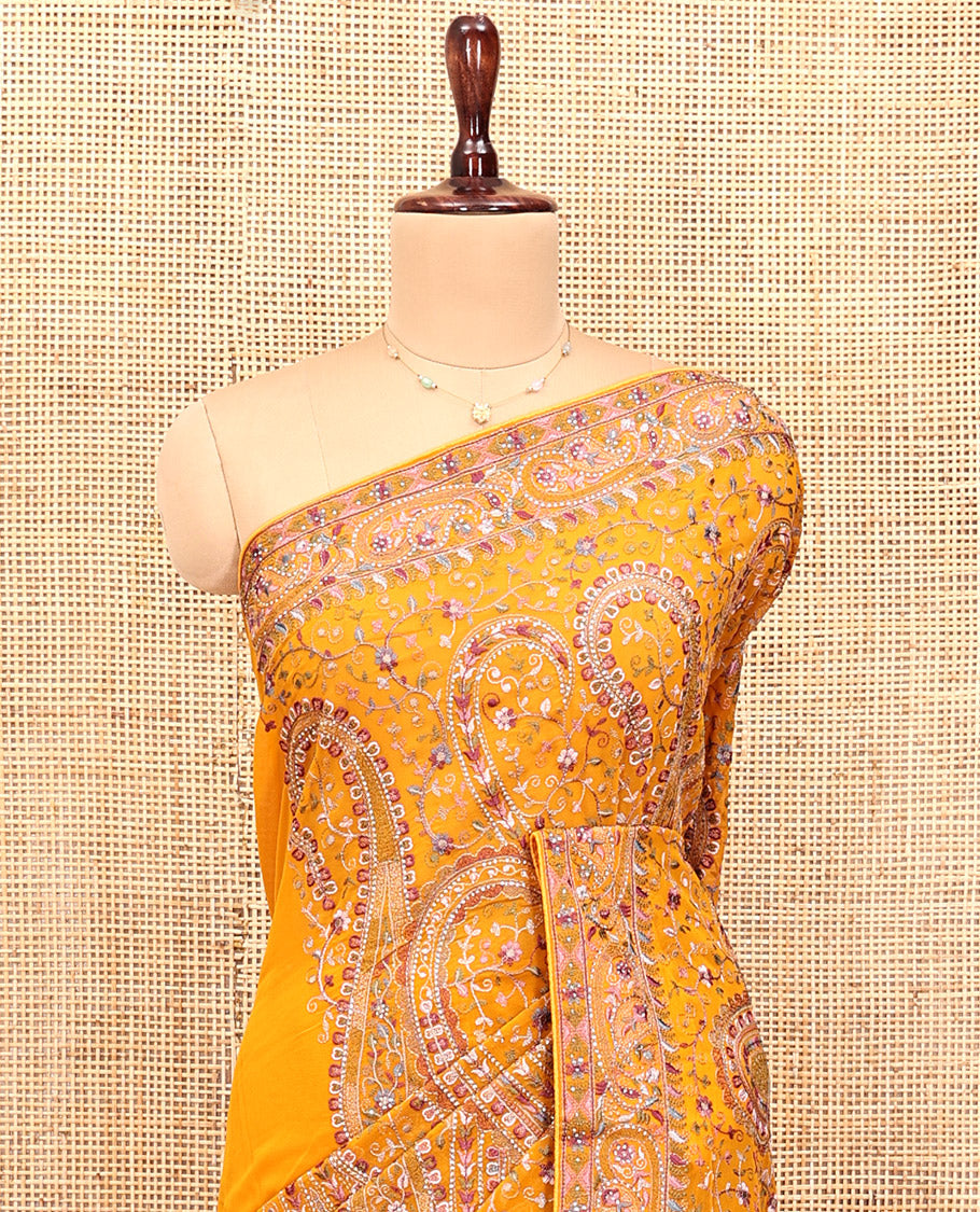 Yellow Designer Saree, Detailed with Floral-Paisley Embroidery, a Embroidered Border, and a Matching Blouse