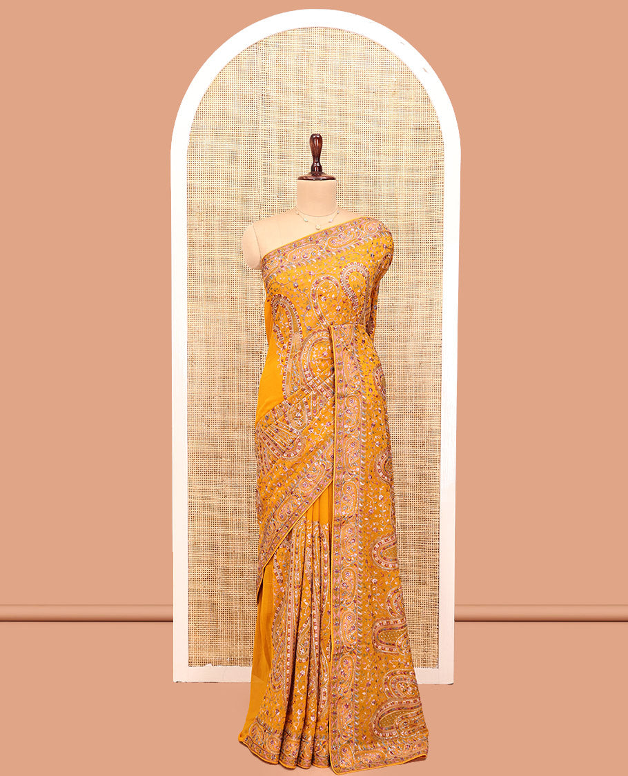 Yellow Designer Saree, Detailed with Floral-Paisley Embroidery, a Embroidered Border, and a Matching Blouse