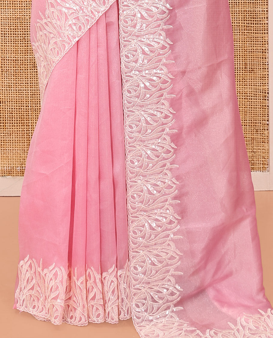 Pink Plain Organza Saree, Floral Vine Sequins Embroidery Border, and Matching Blouse