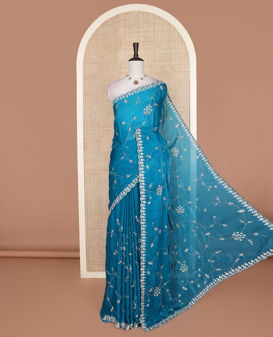 Blue stone and kardana floral vine embroidered designer saree, scallop stone work border