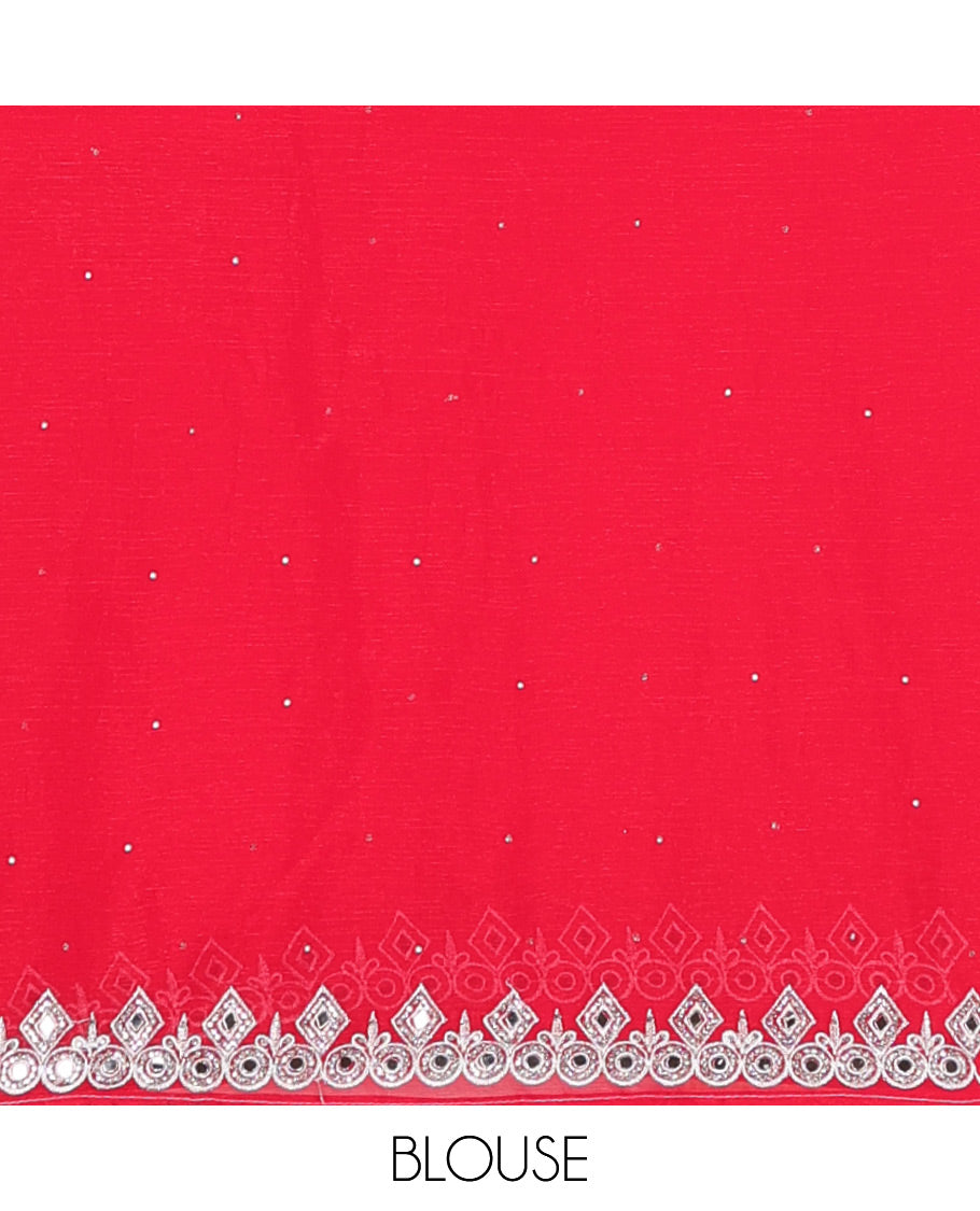 Red diamond stripes embroidered designer saree, scallop mirror embroidered border